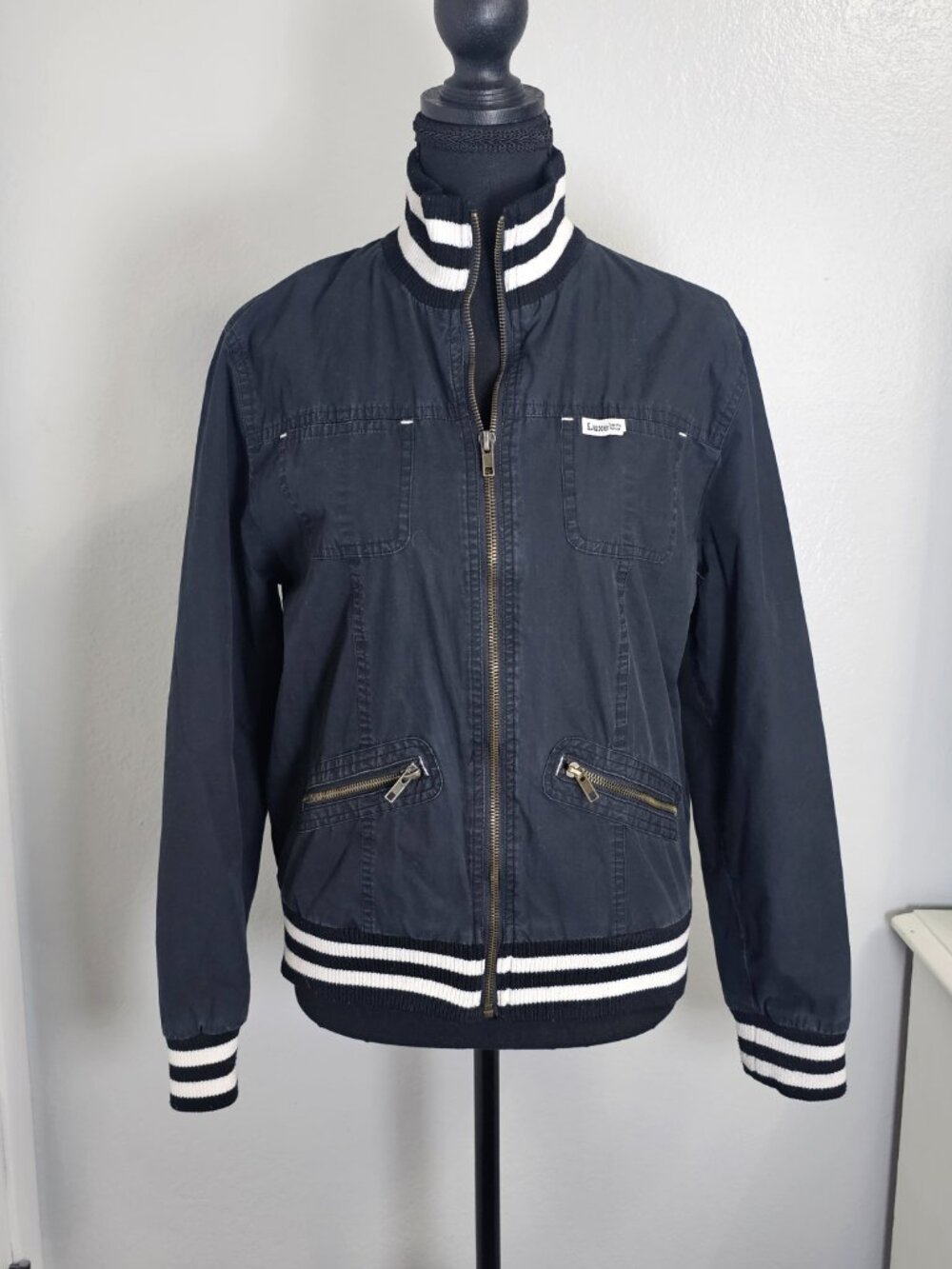 Rusty Lopez Luxe Bomber Black Denim Jacket Striped Trim - Size XL Fits Medium - Picture 2 of 6